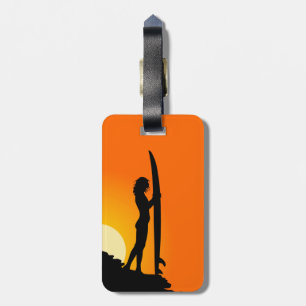 Étiquette À Bagage Surfeuse au coucher du soleil.Orange/Noir