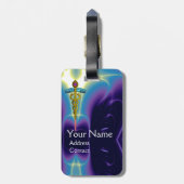 Étiquette À Bagage SYMBOLE DE CADUCE D'OR MONOGRAMME Bleu pourpre (Dos Vertical)