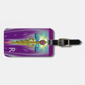 Étiquette À Bagage SYMBOLE DE CADUCE D'OR MONOGRAMME Vert pourpre (Devant horizontal)