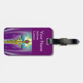 Étiquette À Bagage SYMBOLE DE CADUCE D'OR MONOGRAMME Vert pourpre (Dos horizontal)