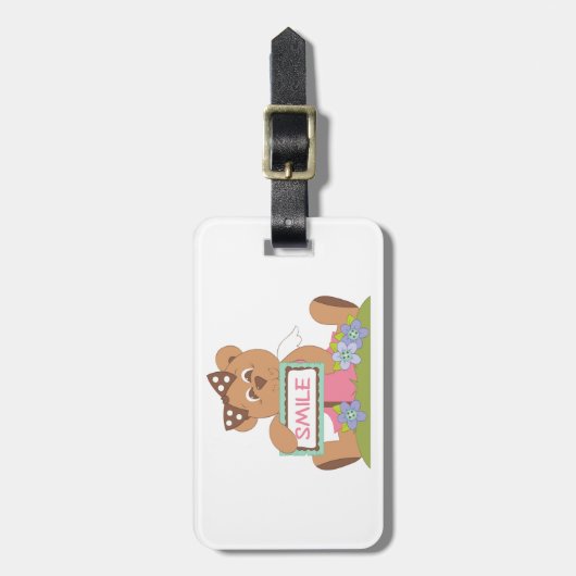 Étiquette À Bagage Symbole Teddy Bear with Bow Holding Smile (Devant Vertical)