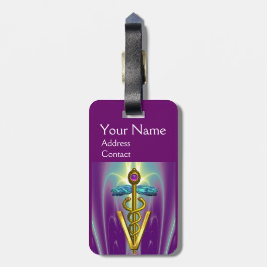 Étiquette À Bagage SYMBOLE VÉTÉRINAIRE DE CADUCE D'OR / Vert pourpre (Dos Vertical)