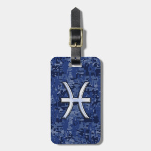 Étiquette À Bagage Symbole Zodiaque Pisces sur Camo numérique bleu ma
