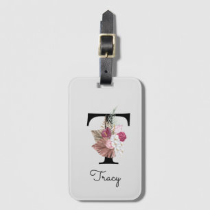 Étiquette À Bagage T initiale florale boho rose personnalisée