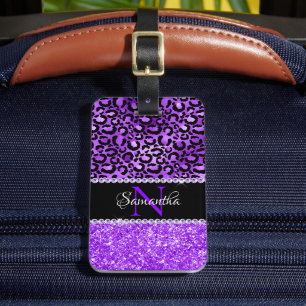 Étiquette À Bagage Taches de léopard noir et violet Glam Monogramme