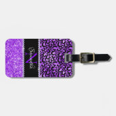 Étiquette À Bagage Taches de léopard noir et violet Glam Monogramme (Devant horizontal)