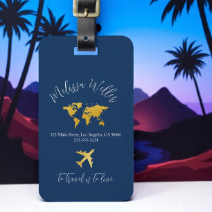 Étiquette À Bagage Tag de voyage avec Gold Map et Plane bleu foncé