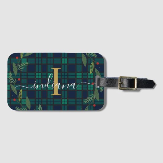 Étiquette À Bagage Tartan en forme de serrure de monogramme rustique (Devant Horizontal)