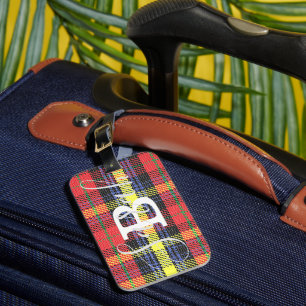 Étiquette À Bagage Tartan jaune et rouge À damiers Nom du monogramme