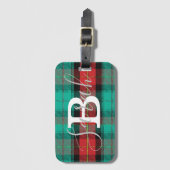 Étiquette À Bagage Tartan vert et rouge À damiers Nom du monogramme (Devant Vertical)