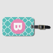 Étiquette À Bagage Teal Quatrefoil Pattern Custom Pink Monogram (Devant Horizontal)
