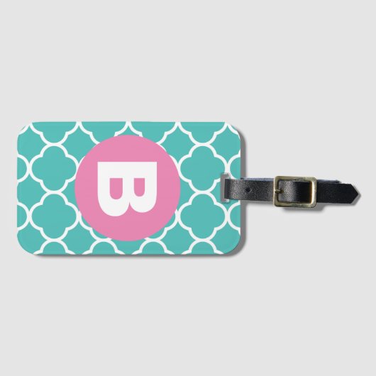 Étiquette À Bagage Teal Quatrefoil Pattern Custom Pink Monogram (Devant Horizontal)