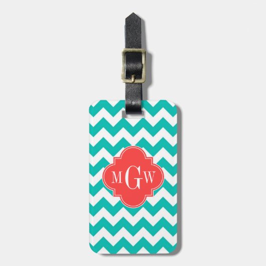 Étiquette À Bagage Teal White Chevron Coral Quatrefoil 3 monogram (Devant Vertical)