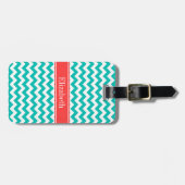 Étiquette À Bagage Teal White Chevron ZigZag Coral Name Monogram (Devant horizontal)