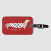 Étiquette À Bagage Teckel de plaid sur le rouge (Devant Horizontal)