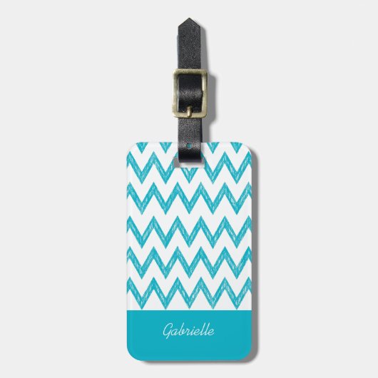 Étiquette À Bagage Tendance Crayon Turquoise Chevron Zigzags Avec Nom (Devant Vertical)