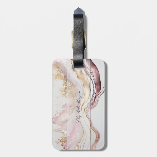 Étiquette À Bagage Tendance en pierre rose Texture, Monogramme (Dos Vertical)
