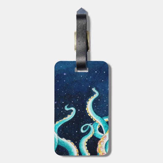 Étiquette À Bagage Tentacles turquoises Galaxy Stars Aquarelle (Dos Vertical)