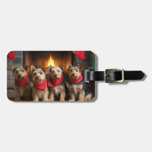 Étiquette À Bagage Terrier Australien au coin du feu de Noël
