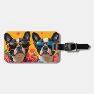 Étiquette À Bagage Terrier de Boston avec roses de cœur pour la Saint