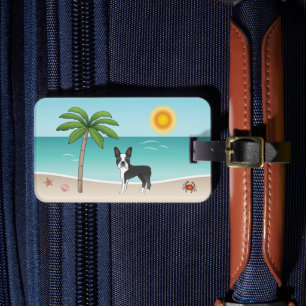 Étiquette À Bagage Terrier de Boston noir sur une plage tropicale d'é