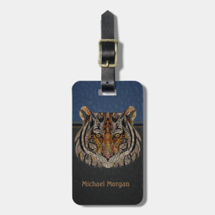 Étiquette À Bagage Tête de tigre aspect cuir bleu, noir