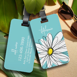 Étiquette À Bagage Texte personnalisé Aqua et Jaune Whimsical Daisy