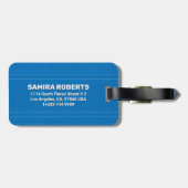 Étiquette À Bagage Textur bleu en cuir pointillé Texte blanc personna (Dos horizontal)