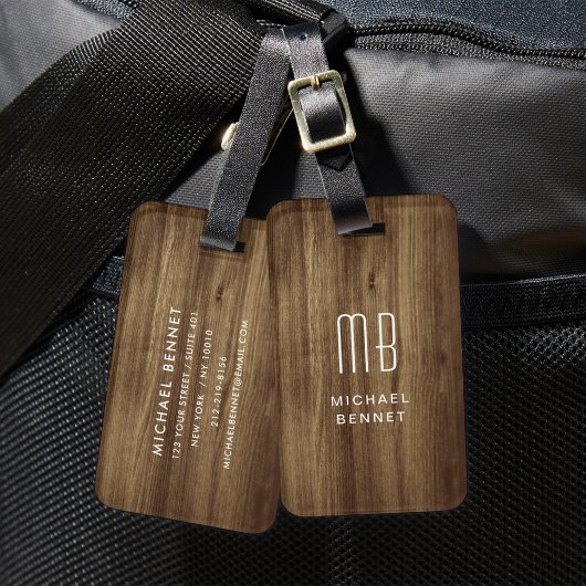 Étiquette À Bagage Texture de bois faux marron Monogramme