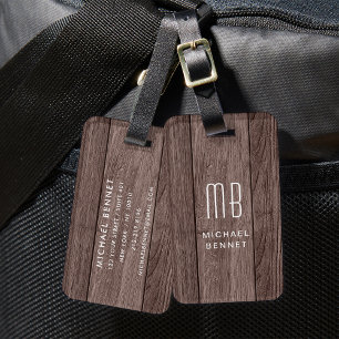 Étiquette À Bagage Texture de faux bois brun monogrammé