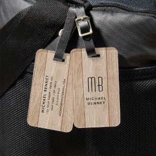 Étiquette À Bagage Texture de faux bois monogrammé