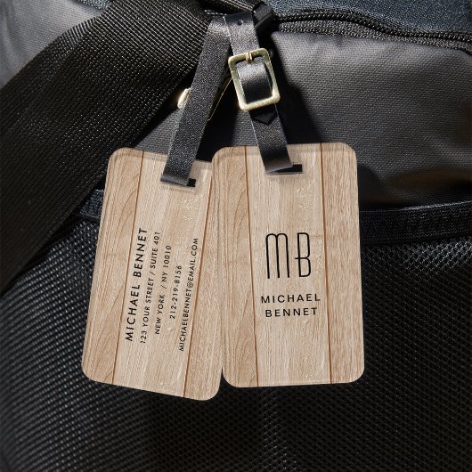 Étiquette À Bagage Texture de faux bois monogrammé