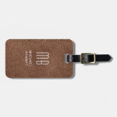 Étiquette À Bagage Texture de faux cuir marron moderne monogramme (Devant horizontal)