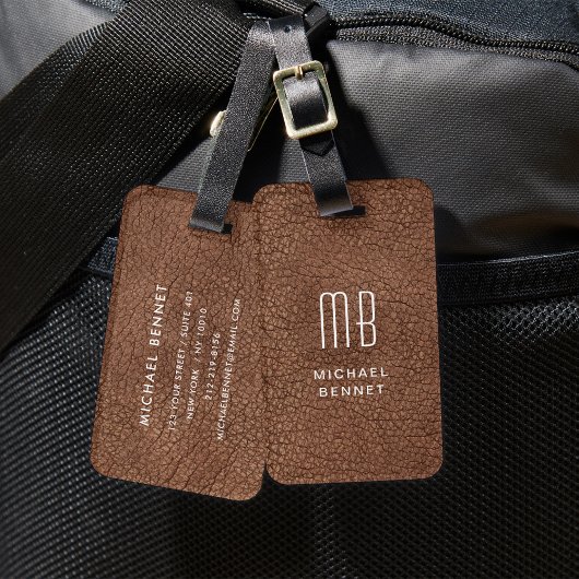 Étiquette À Bagage Texture de faux cuir marron moderne monogramme