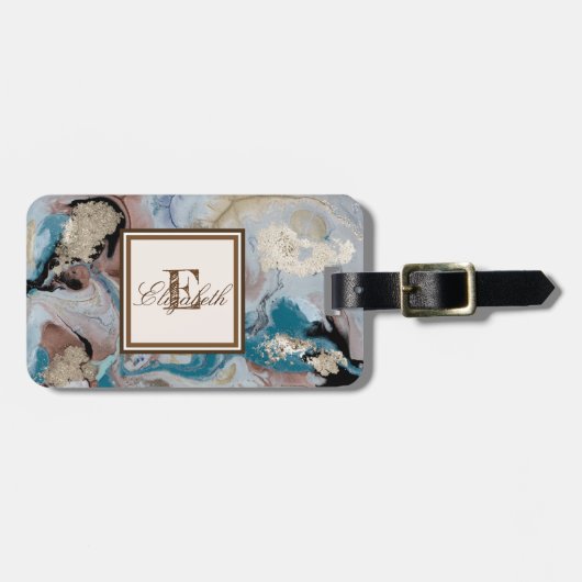 Étiquette À Bagage Texture de marbre doré cool avec monogramme (Devant horizontal)