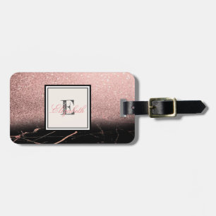 Étiquette À Bagage Texture de marbre frais, monogramme pailleté perso