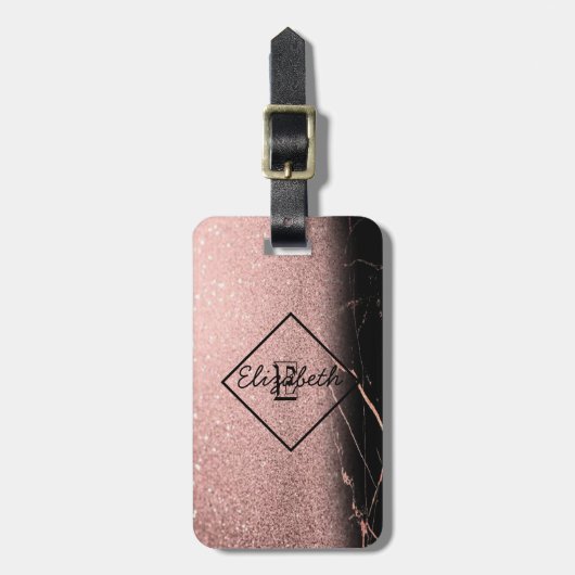 Étiquette À Bagage Texture de marbre, Parties scintillant Monogramme (Devant Vertical)