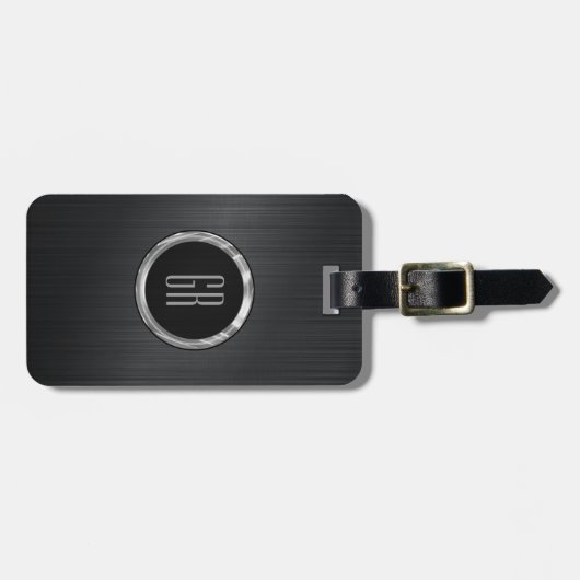 Étiquette À Bagage Texture en aluminium brossé noir monogramme 2 (Devant horizontal)