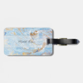 Étiquette À Bagage Texture en marbre bleu or tendance, Monogramme (Dos horizontal)