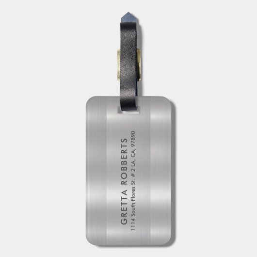 Étiquette À Bagage Texture métallique gris clair | typographie grise (Dos Vertical)
