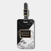 Étiquette À Bagage Texture moderne en marbre blanc noir Monogramme él (Devant Vertical)