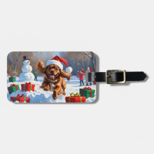 Étiquette À Bagage Tibetan Spaniel courant dans la neige avec un chap