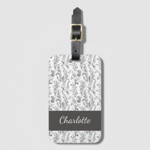 Étiquette À Bagage Toile Florale Noir Blanc Nom Personnalisé