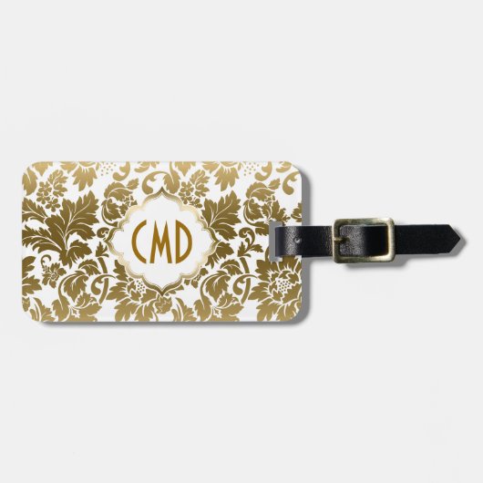 Étiquette À Bagage Tons or Damas florales sur Arrière - plan blanc (Devant horizontal)
