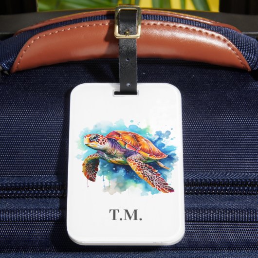 Étiquette À Bagage Tortue aquarelle monogramme (Insitu Rectoal 2)