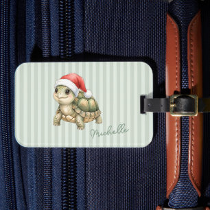 Étiquette À Bagage Tortue de Noël à chapeau de Père Noël aquarelle pe