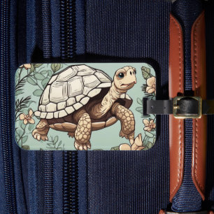Étiquette À Bagage Tortue mignonne sur floral