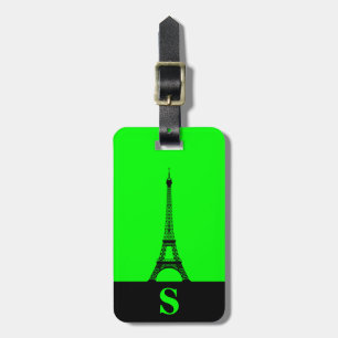 Étiquette À Bagage Tour Eiffel à monogramme avec rayure sur fond vert