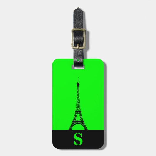 Étiquette À Bagage Tour Eiffel à monogramme avec rayure sur fond vert (Devant Vertical)