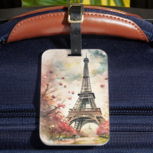 Étiquette À Bagage Tour Eiffel romantique de Paris aquarelle florale